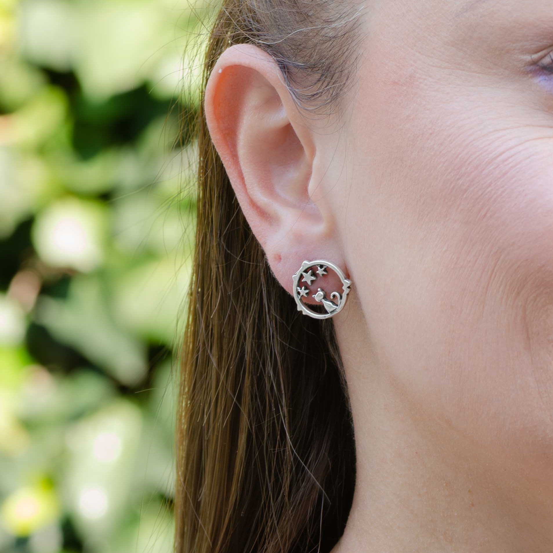 Sterling Silver Cat Under the Stars Earrings