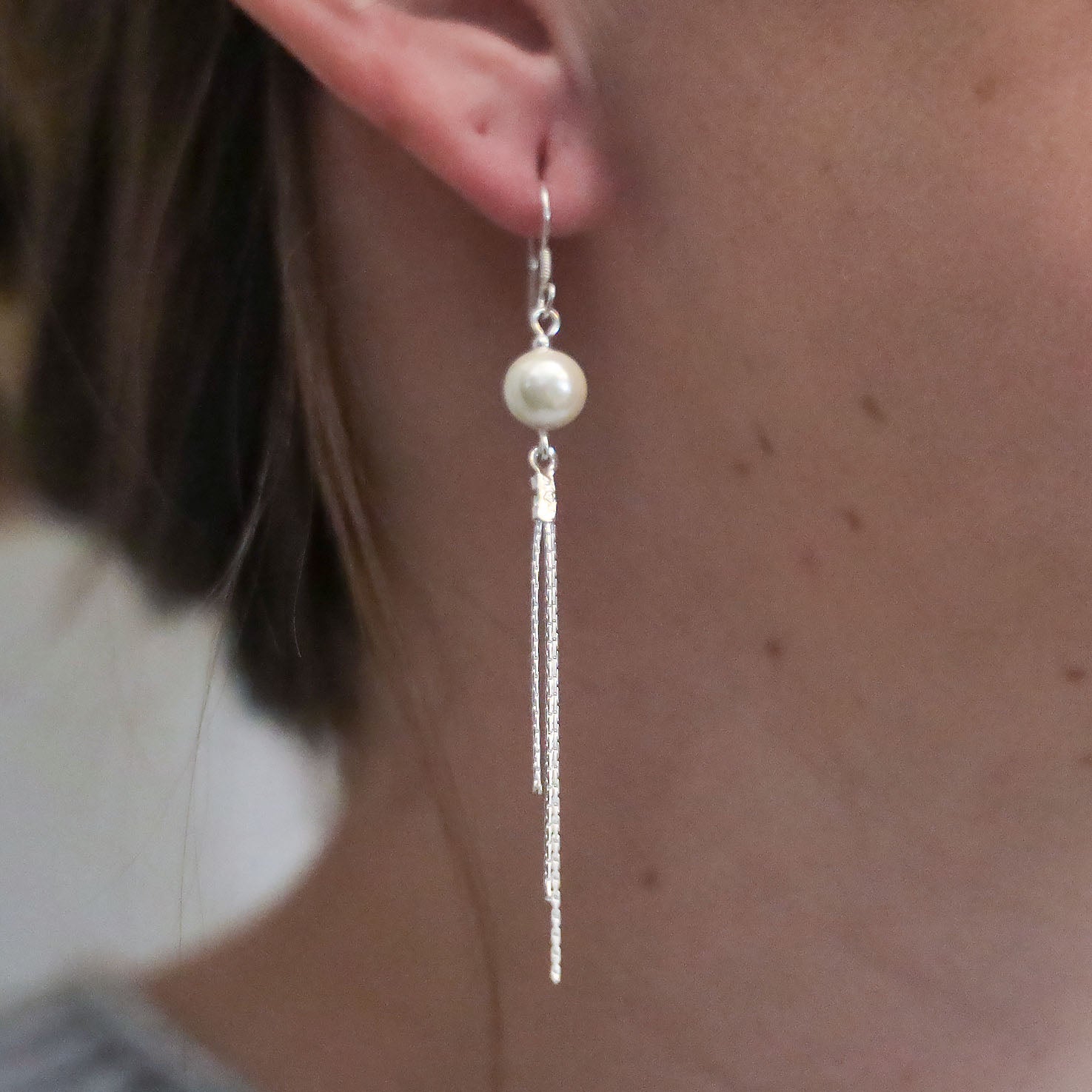 Sterling Silver Faux Pearl and Chain Dangle Earrings