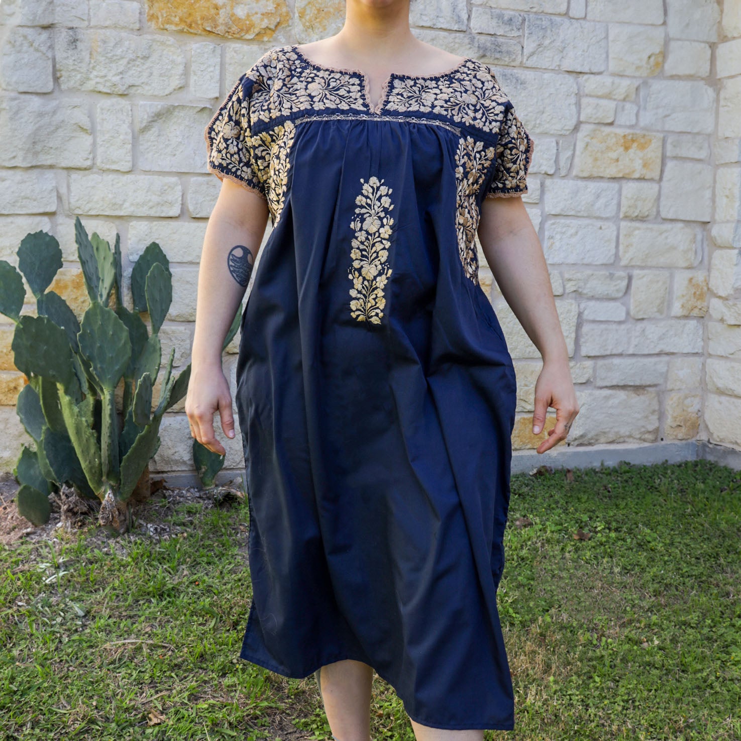Sophia Embroidered Midi Dress | Lolo Mexican Mercadito Blue with Gold Embroidery / Medium Sophia Embroidered Midi Dress | Lolo Mexican Mercadito Blue with Gold Embroidery / Medium
