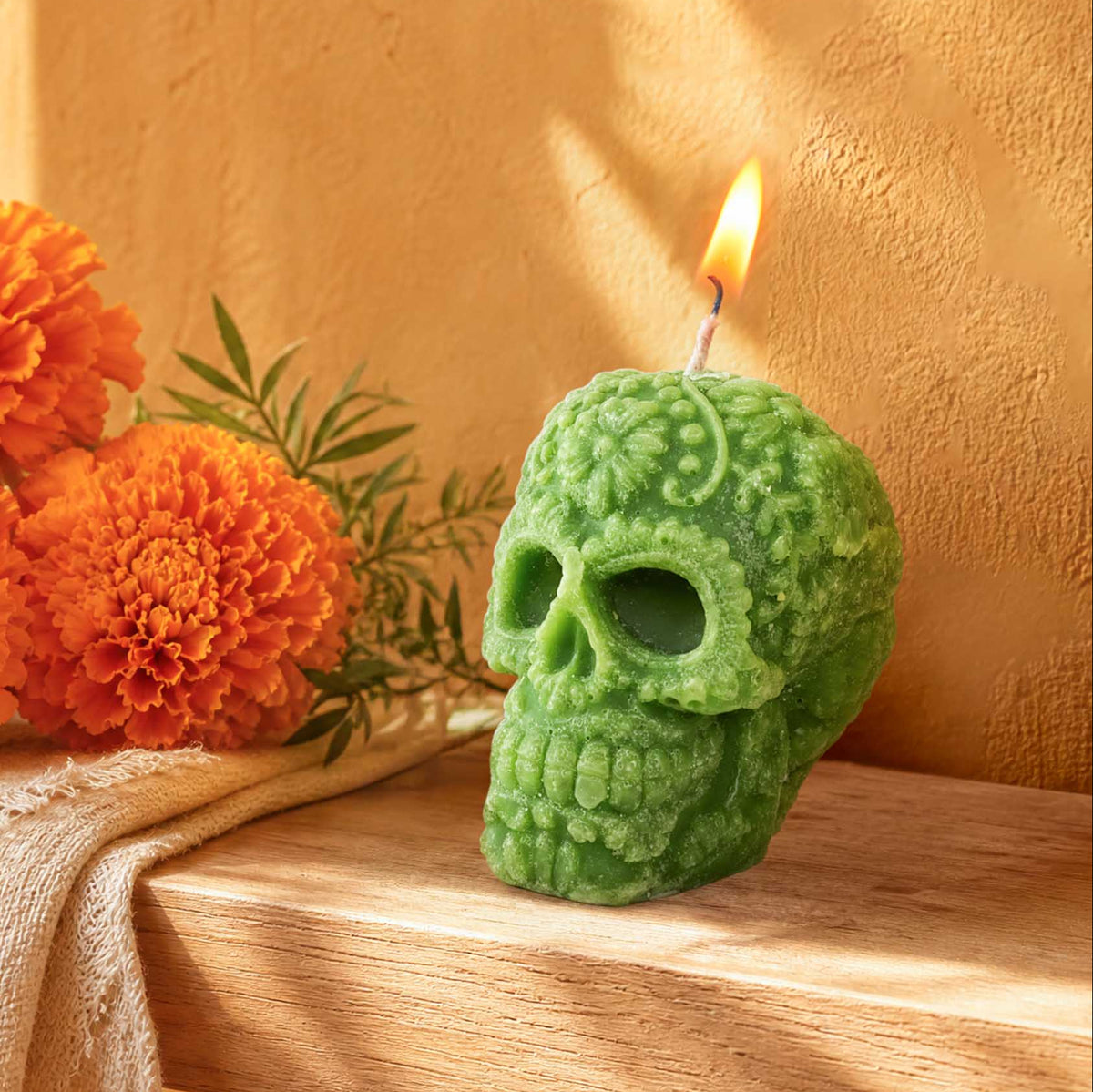 Sugar Skull with Flowers Candle