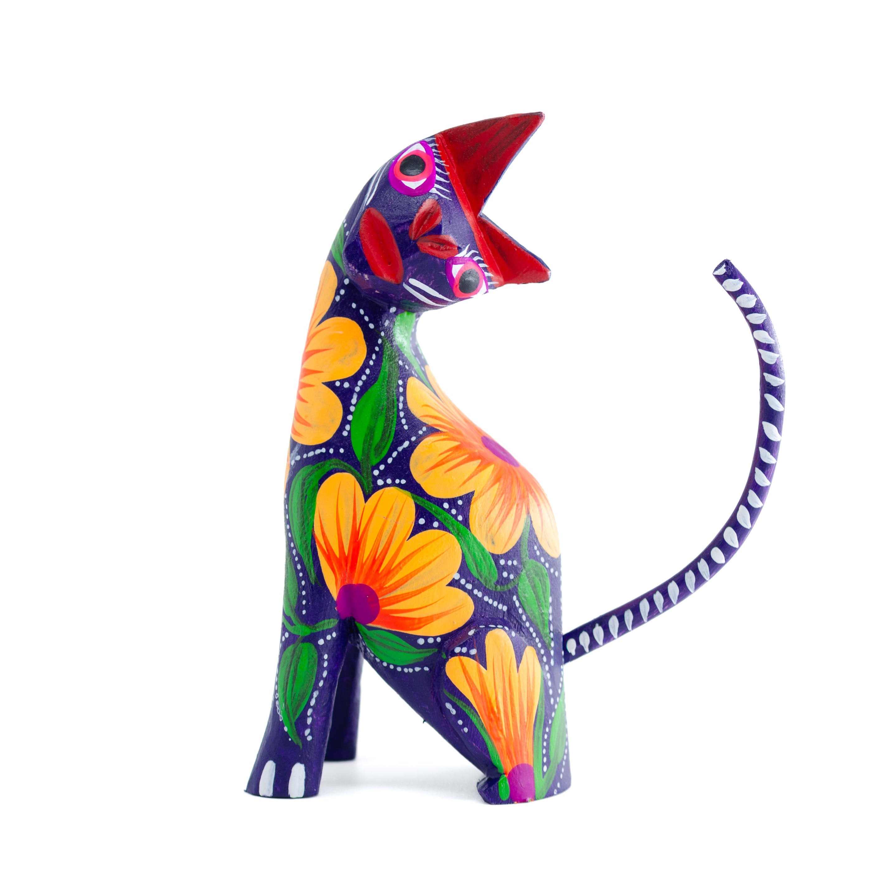 Large Hand Painted Neck Side Bend Cat Wooden Figurine