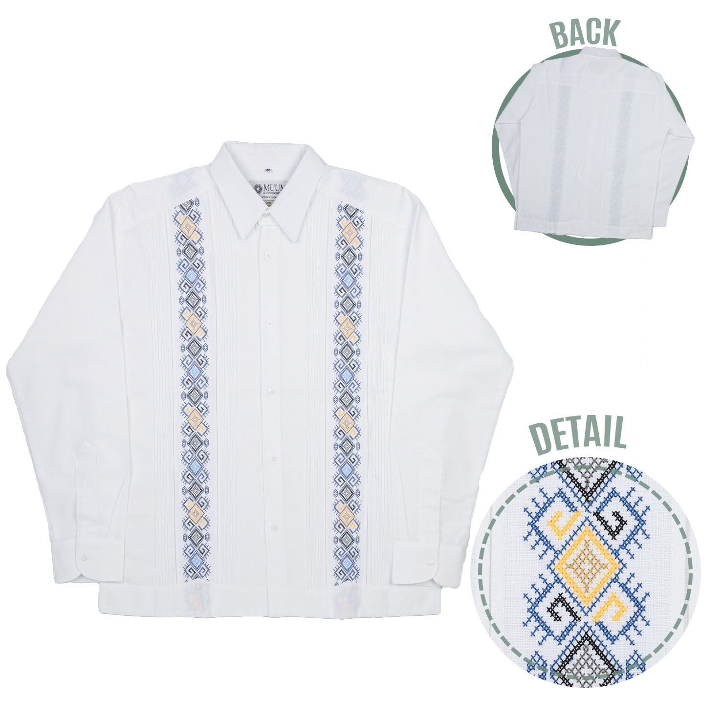 Día Long Sleeve Embroidered White Guayabera