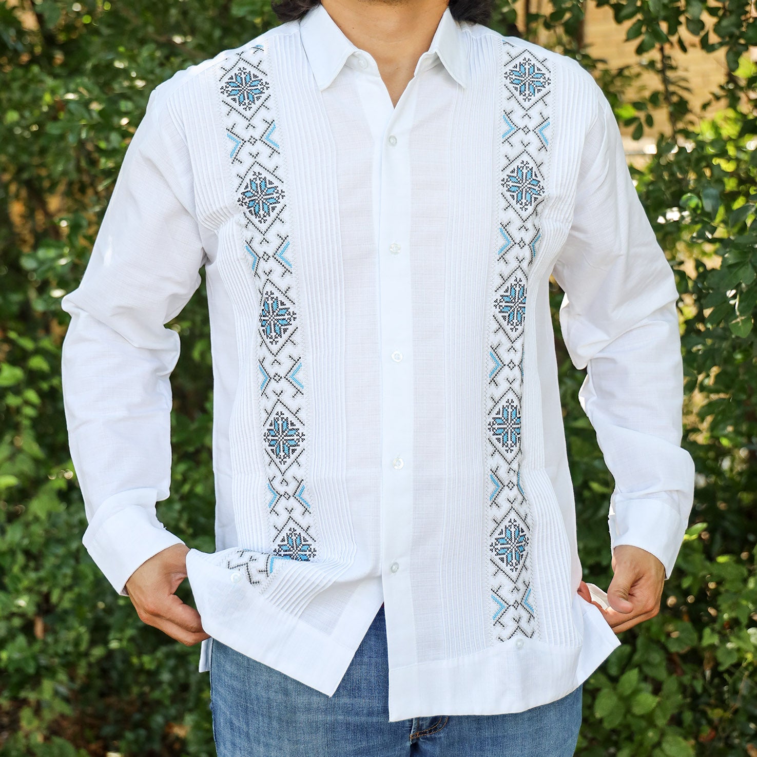 slim fit dress slacks Long Sleeve Guayabera Embroidered