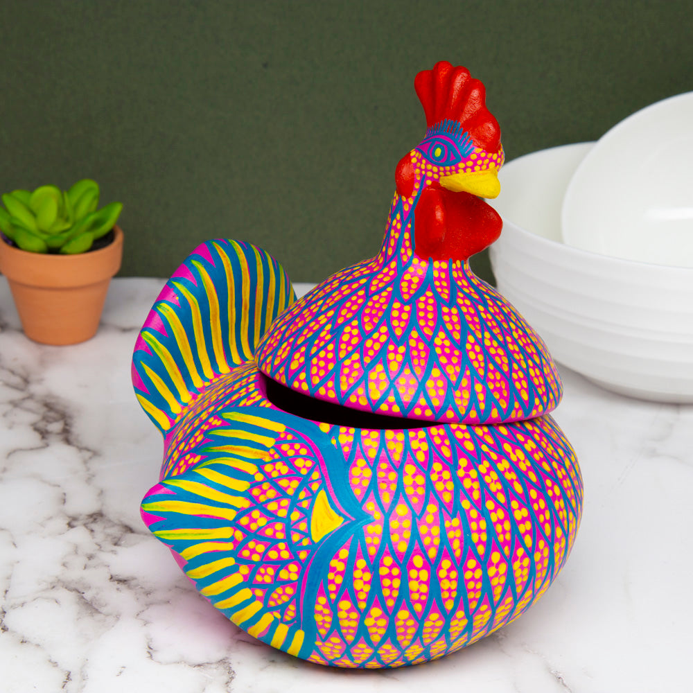 Hand Painted Clay Chicken Bowl with Lid