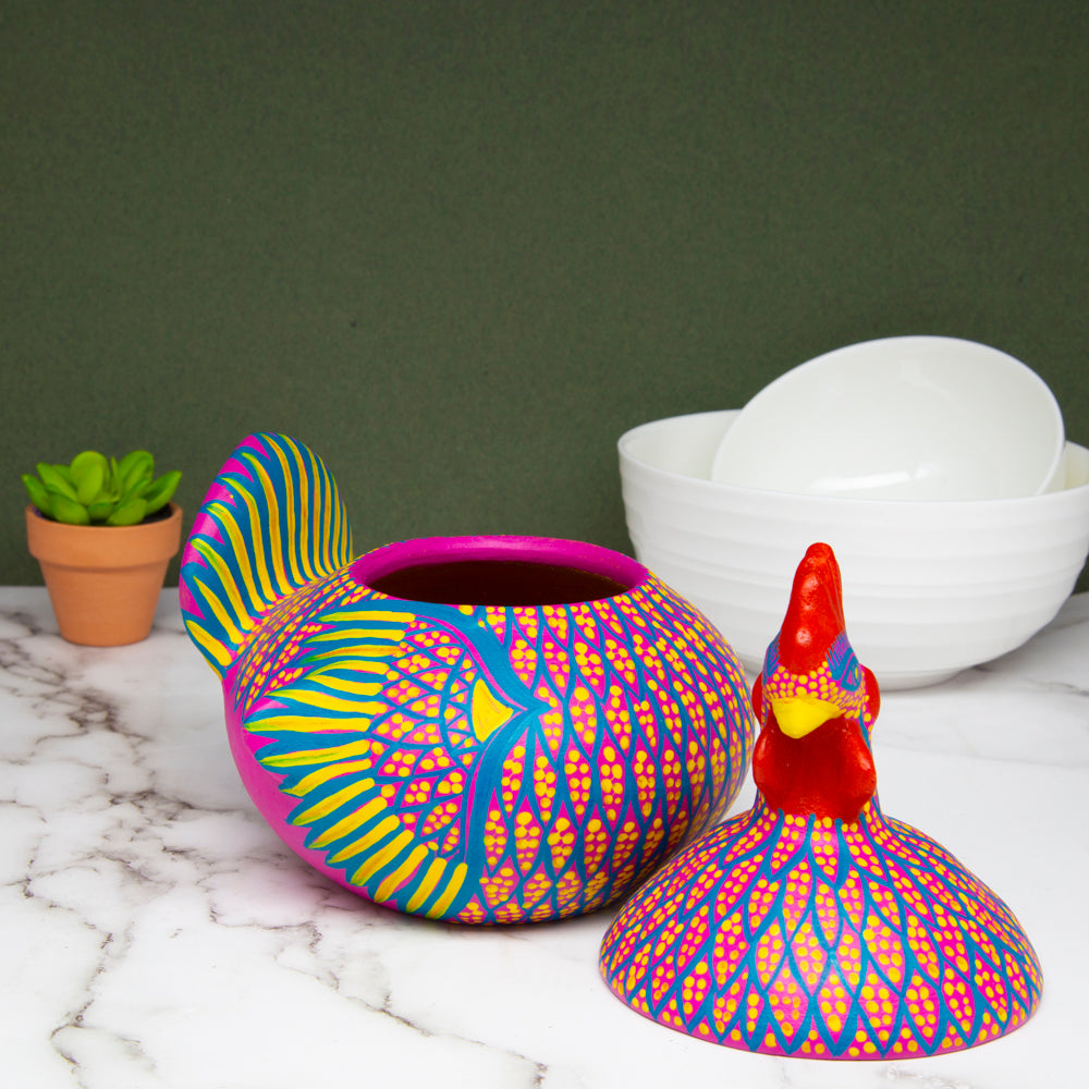Hand Painted Clay Chicken Bowl with Lid