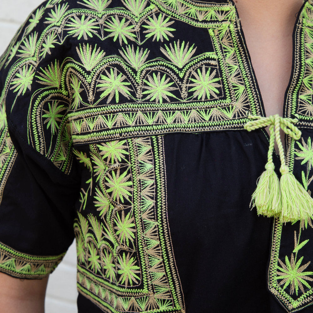 Tsu'uj Embroidered Blouse with Decorative Lace Up Front