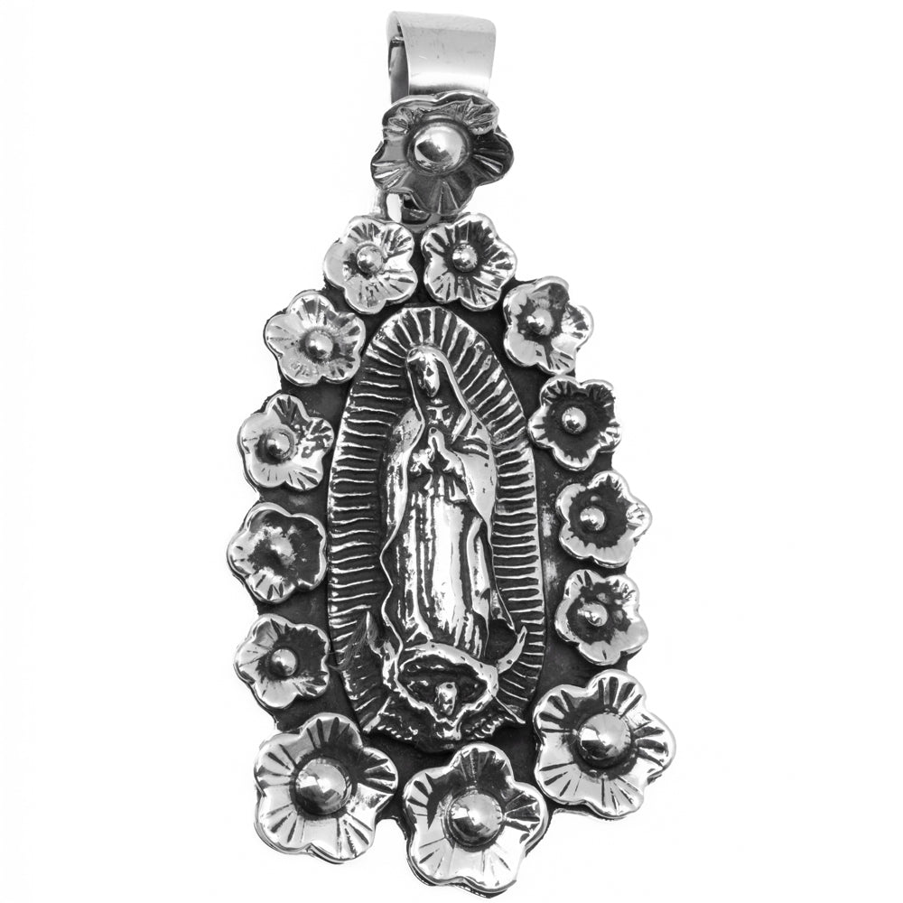 Sterling Silver Floral Virgencita Pendant