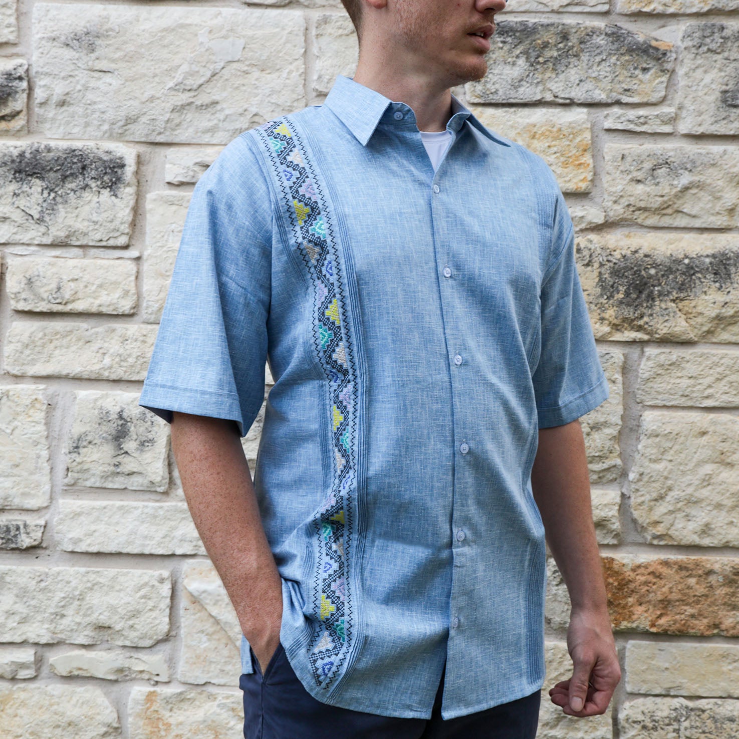 Azules Short Sleeve Multicolor Embroidery Guayabera