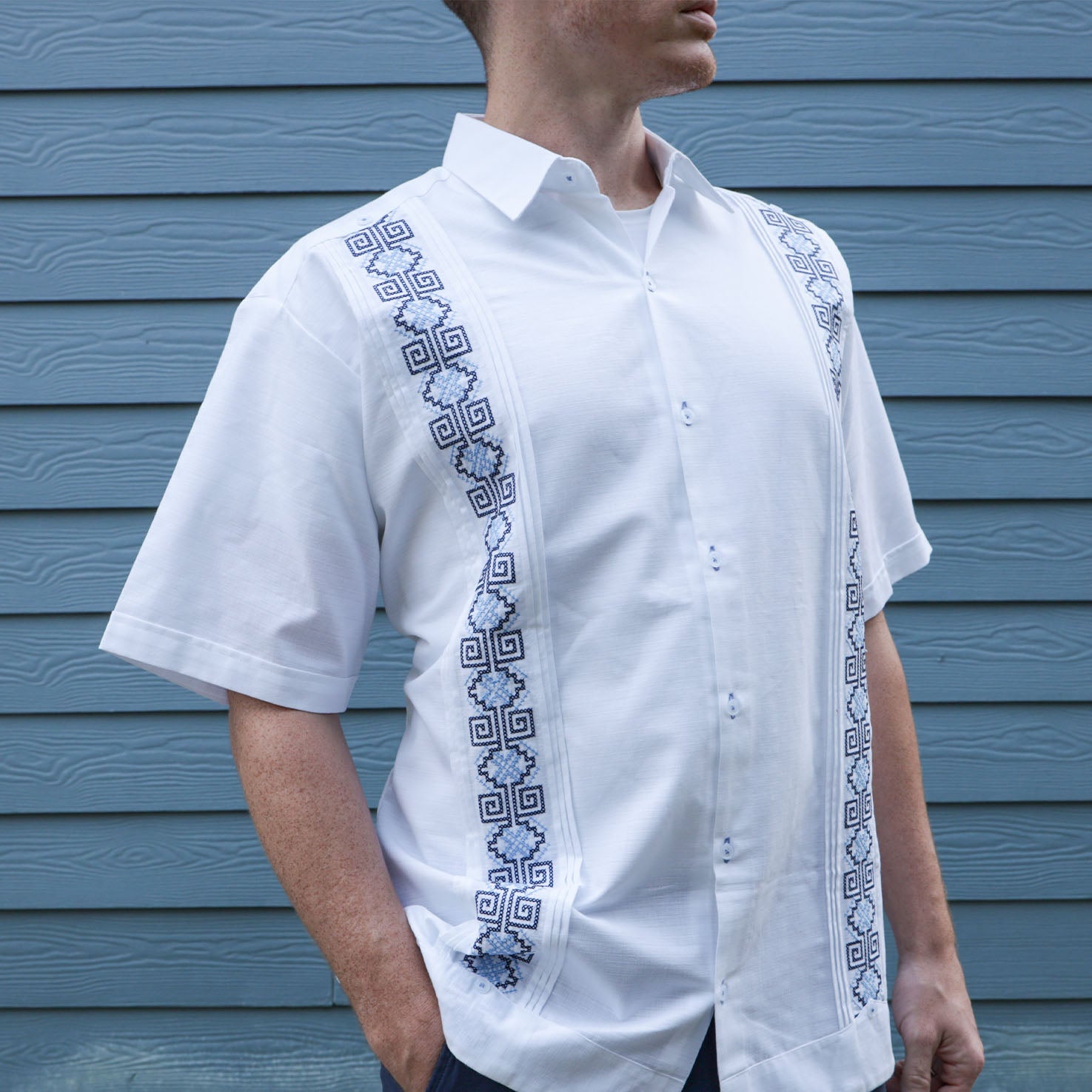 Blues Short Sleeve Embroidered Guayabera Lolo Mexican Mercadito