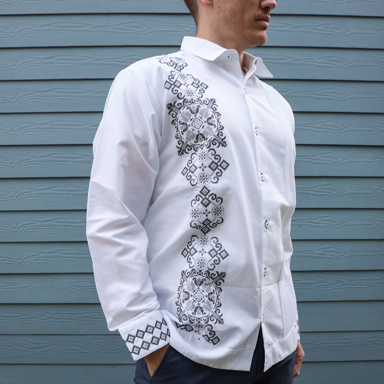 Grey Emperador Long Sleeve Guayabera | Lolo Mexican Mercadito Small Grey Emperador Long Sleeve Guayabera | Lolo Mexican Mercadito Small