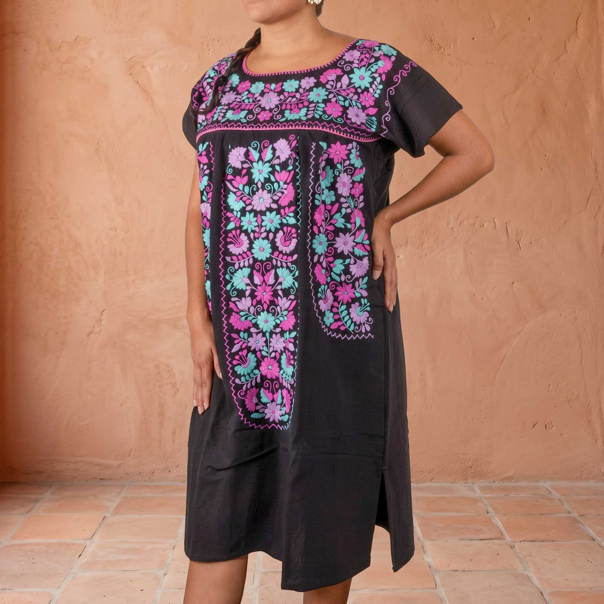 Chilac Floral Embroidered Mexican Short Dress