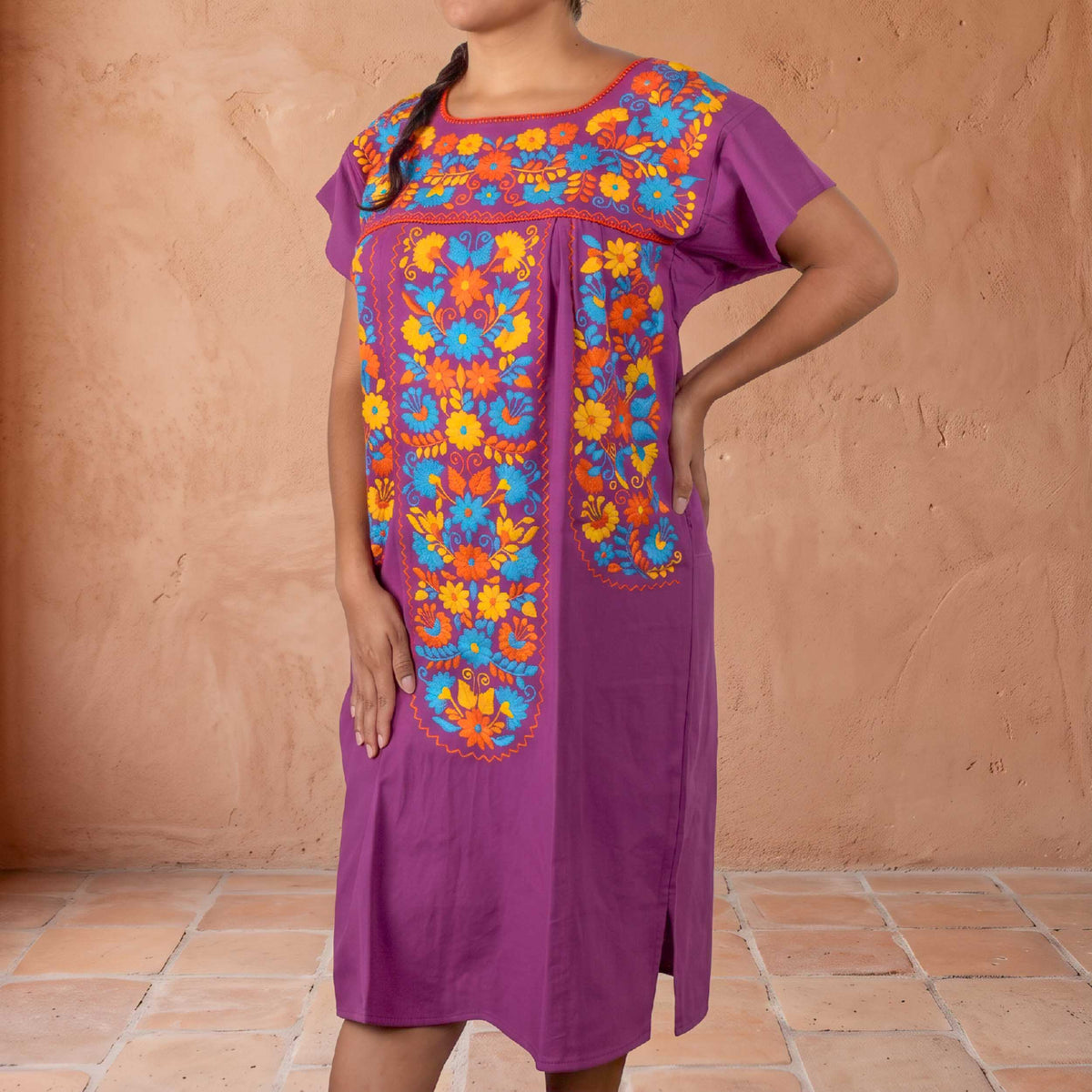 Chilac Floral Embroidered Mexican Short Dress