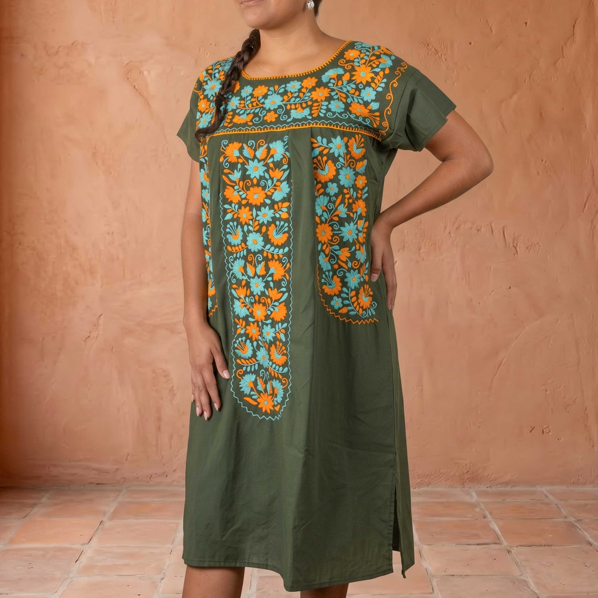 Chilac Floral Embroidered Mexican Short Dress