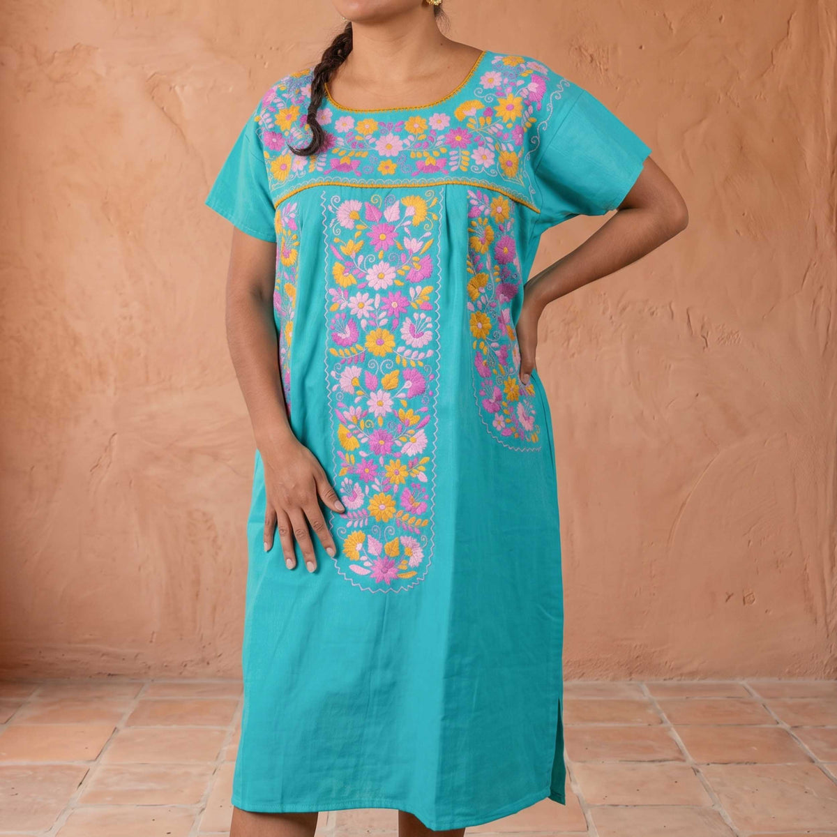 Chilac Floral Embroidered Mexican Short Dress