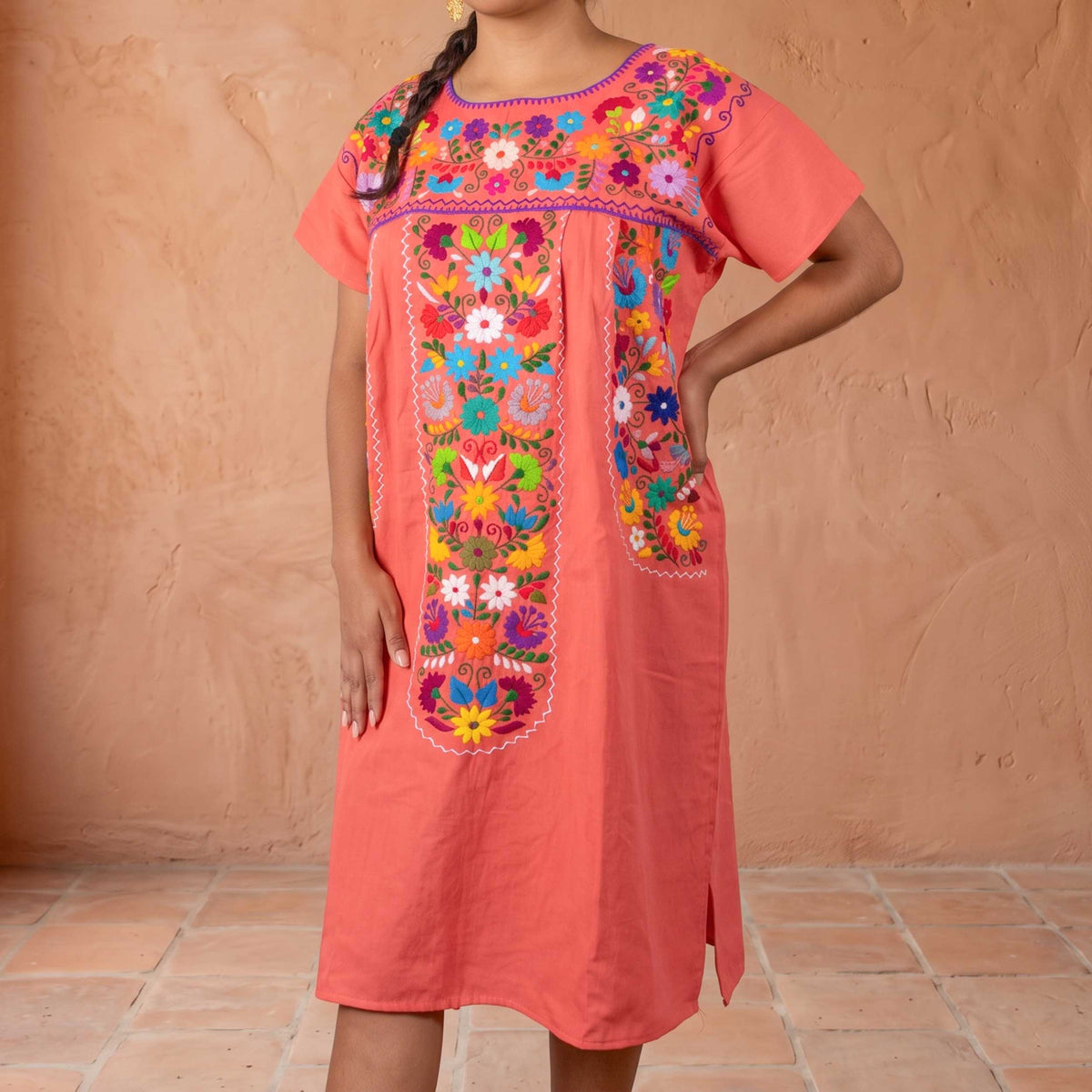 Chilac Floral Embroidered Mexican Short Dress