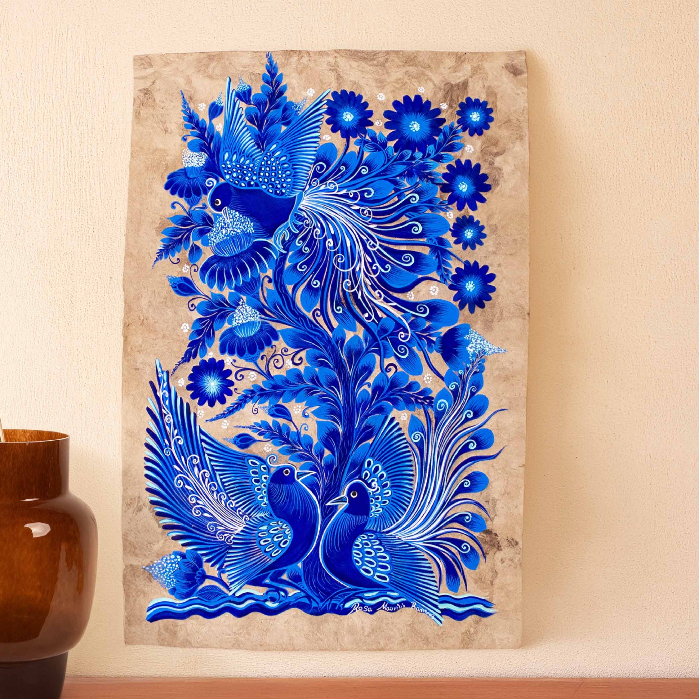 Hand-Painted Papel Amate Xalitla Painting by Rosa