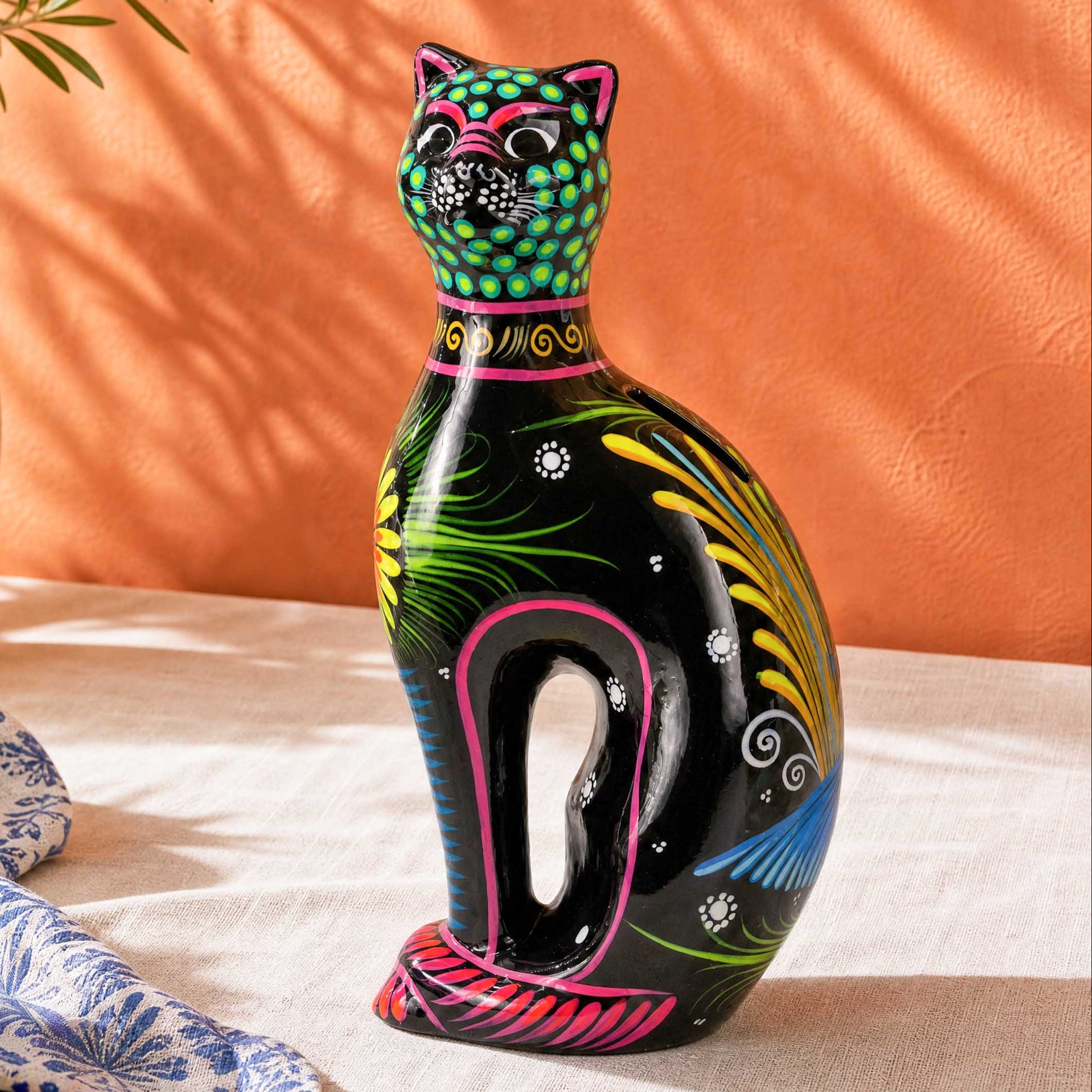 Hand-Painted Xalitla Cat Piggybank Sculpture | Lolo Mexican Mercadito