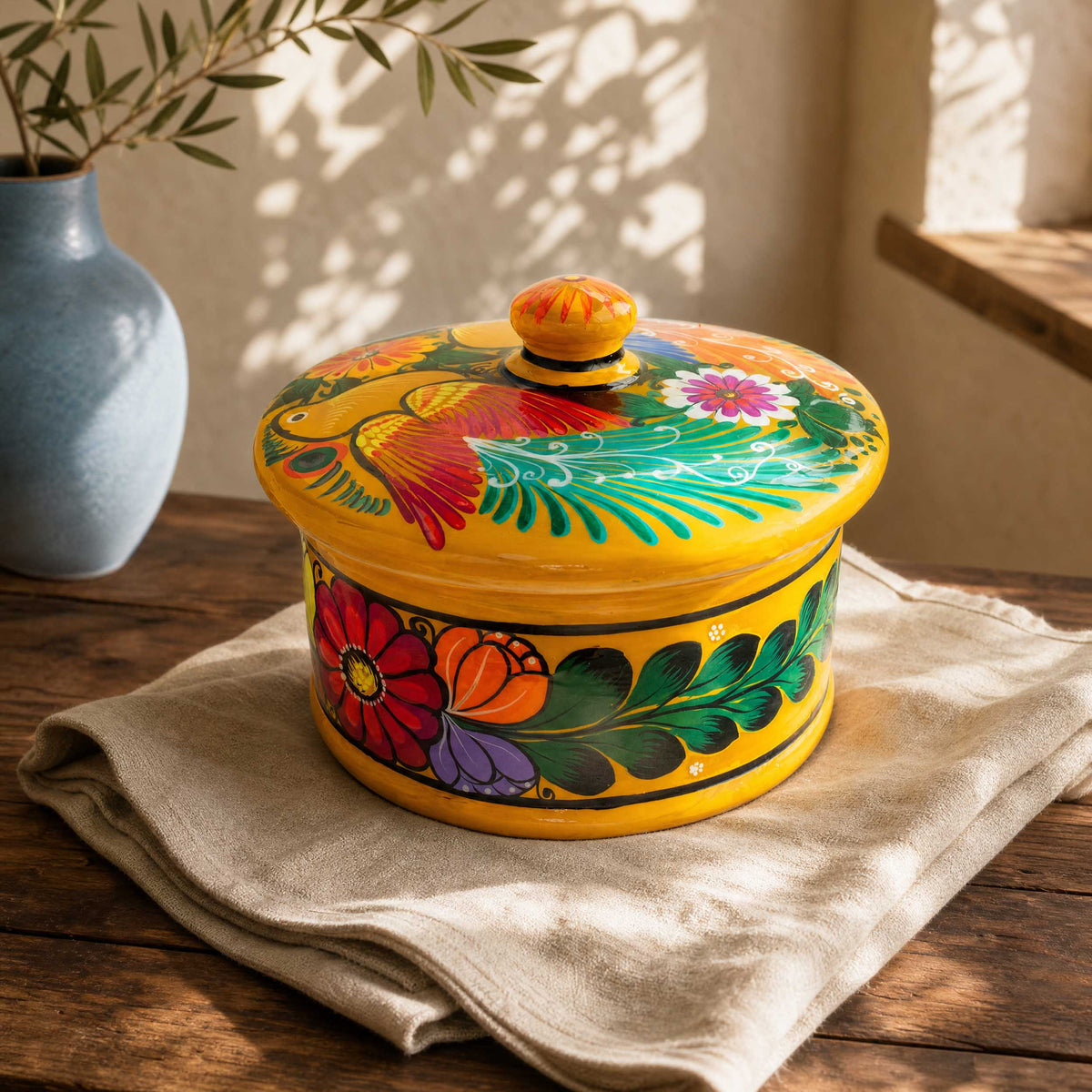Hand-Painted Xalitla Clay Tortilla Basket