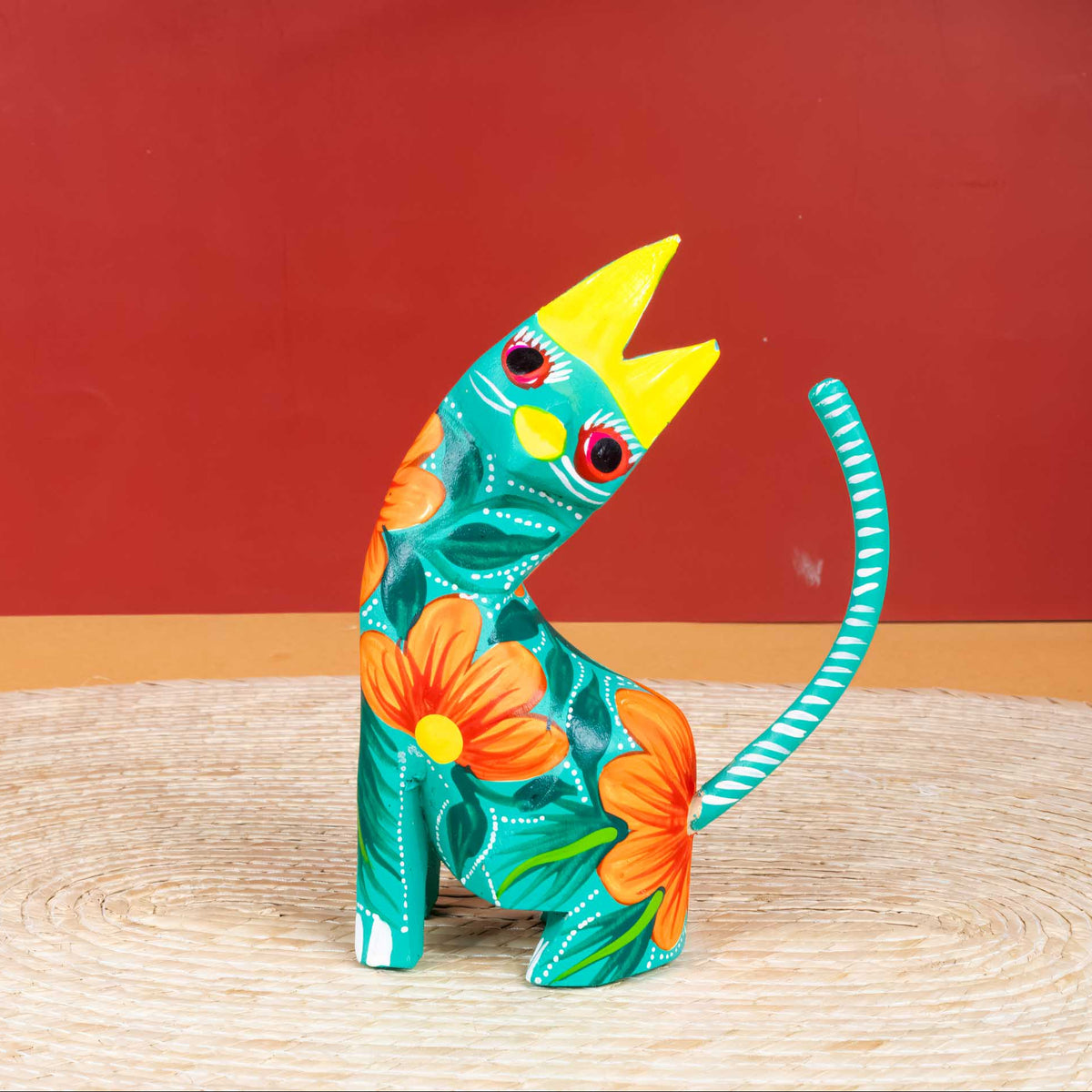 Large Hand Painted Neck Side Bend Cat Wooden Figurine