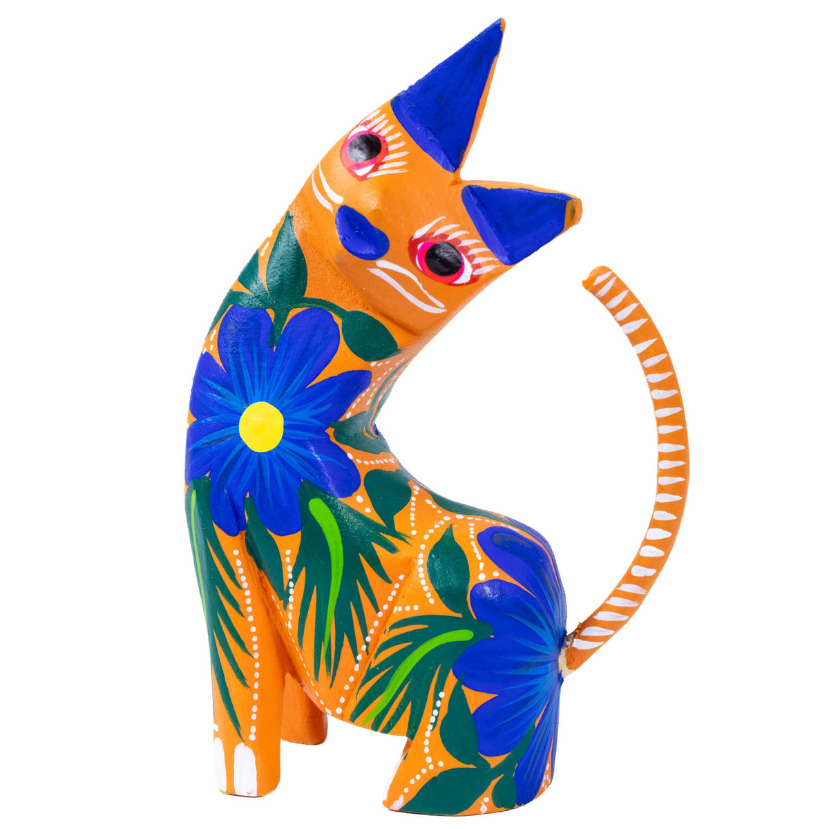 Large Hand Painted Neck Side Bend Cat Wooden Figurine