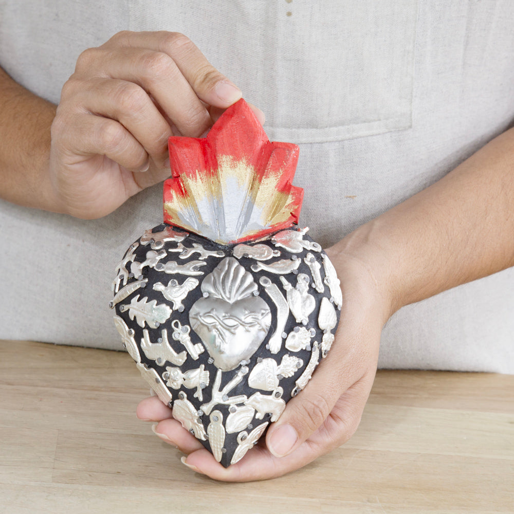 Medium Wooden Sacred Heart with Milagritos