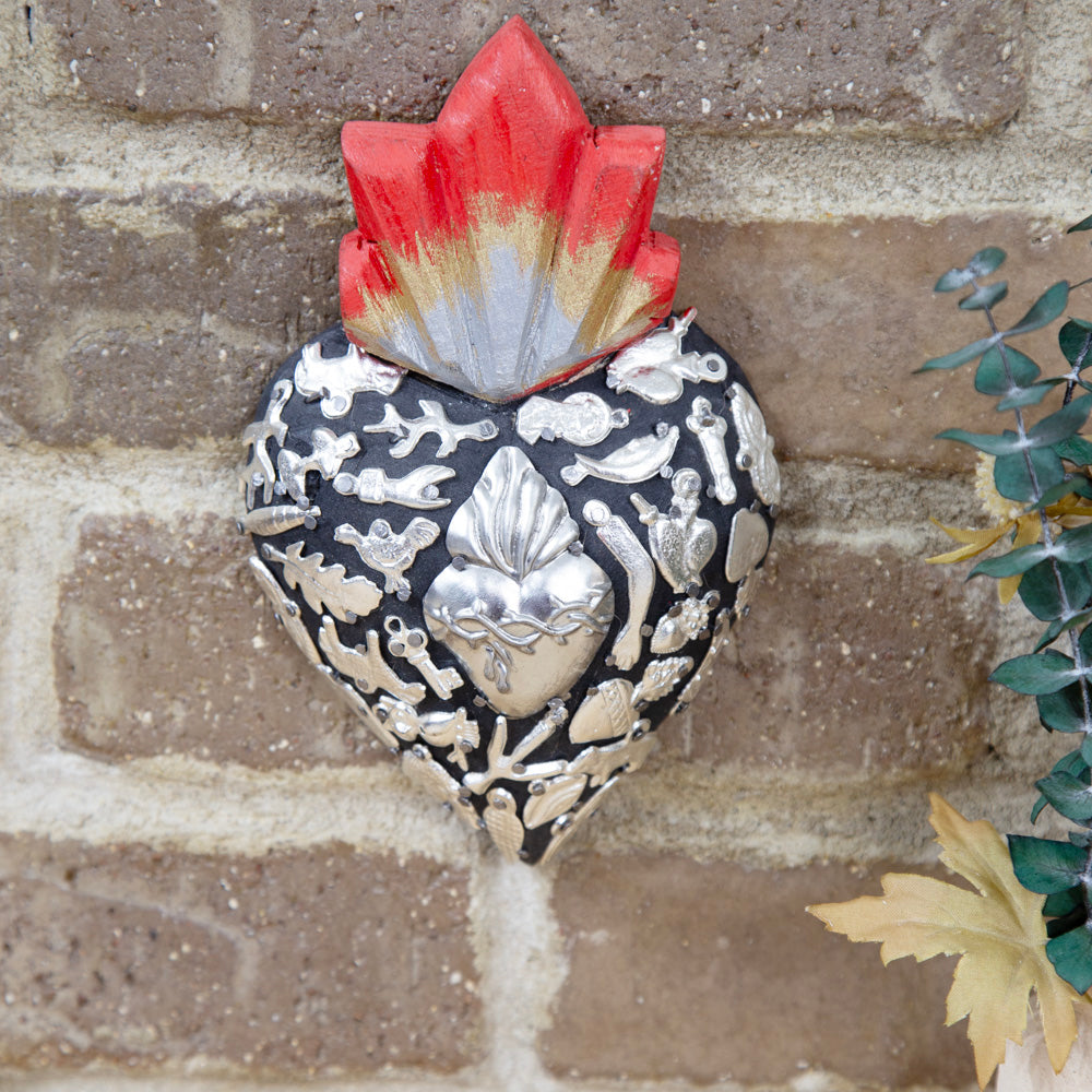Medim Wooden Sacred Heart with Milagritos | Lolo Mexican Mercadito