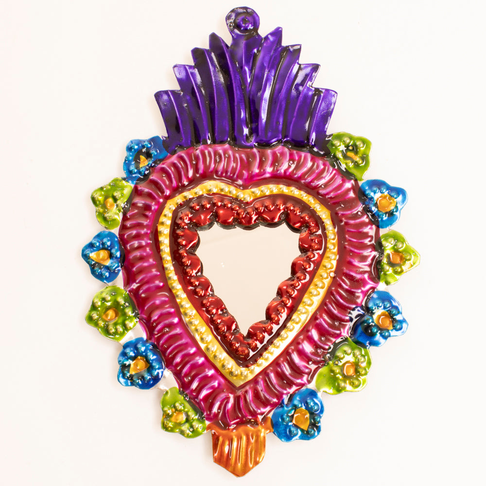 Medium Mexican Crown Milagro Tin Heart with Mirror