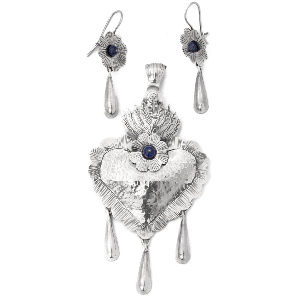 Sterling Silver Amor en Fuego Mazahua Pendant and Earrings Set