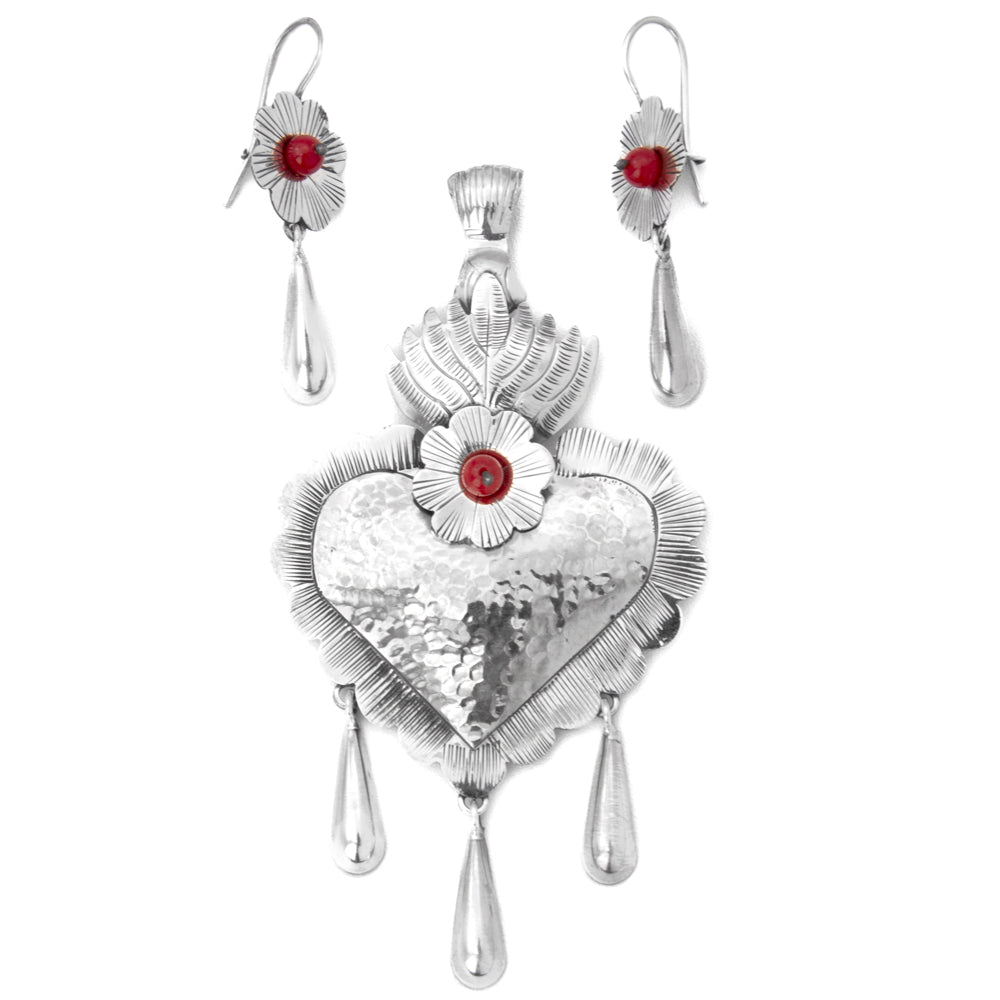 Sterling Silver Amor en Fuego Mazahua Pendant and Earrings Set