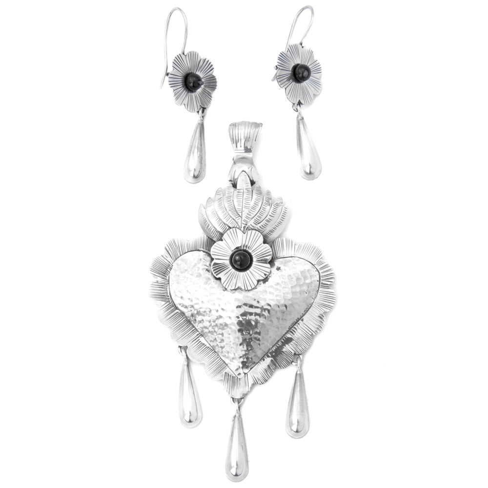 Sterling Silver Amor en Fuego Mazahua Pendant and Earrings Set