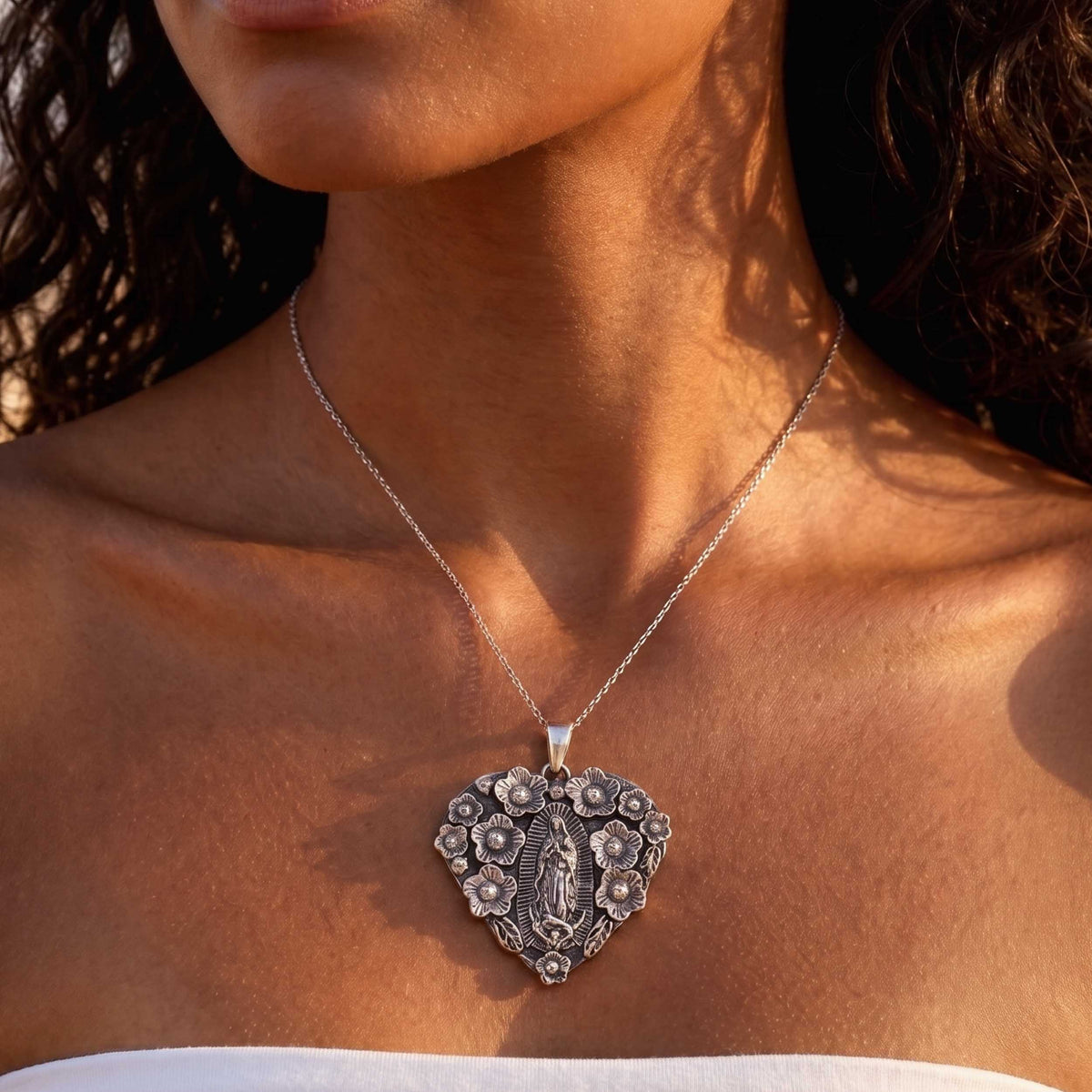 Sterling Silver Virgencita Corazon Pendant