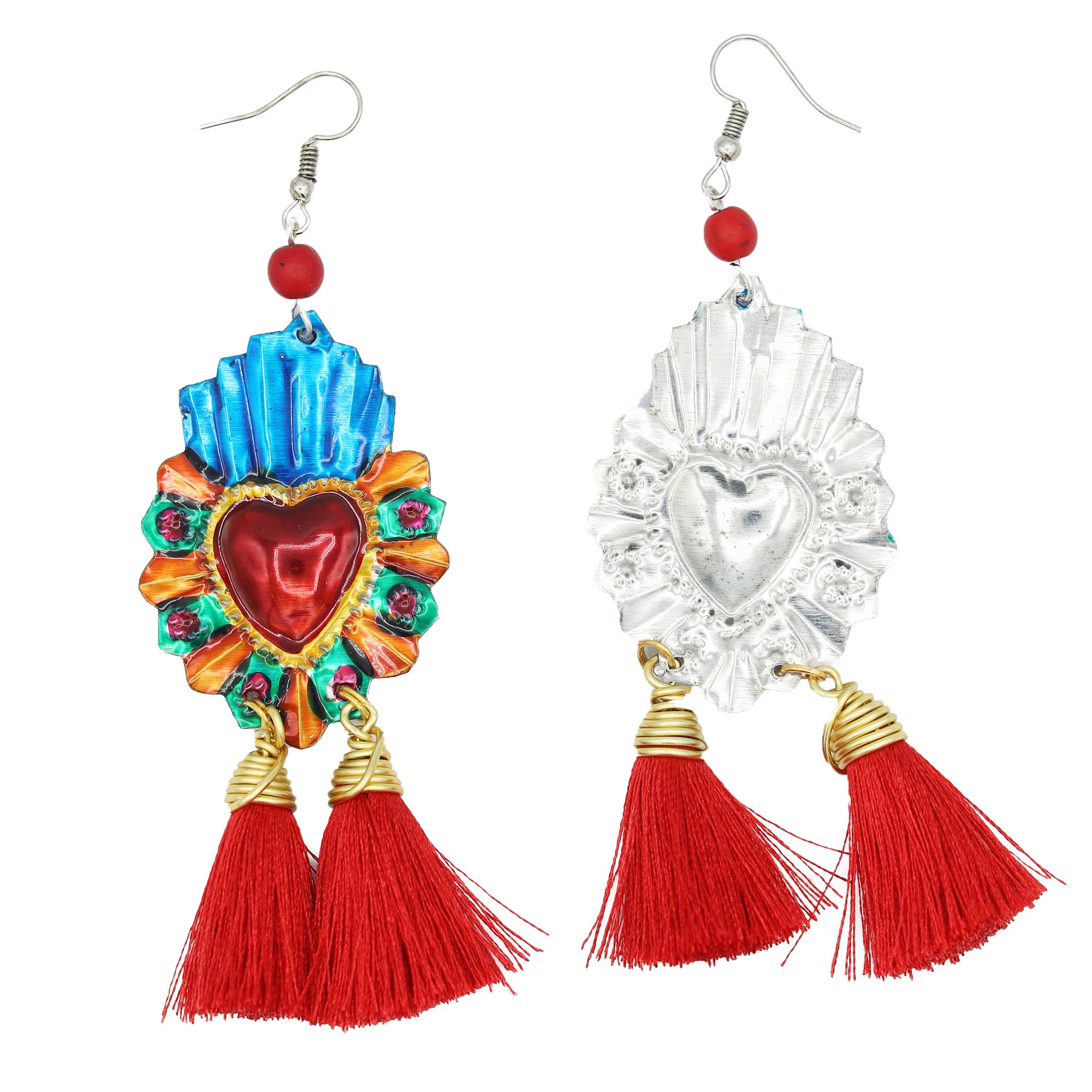 Leticia Two Tassels Milagro Tin Art Earrings