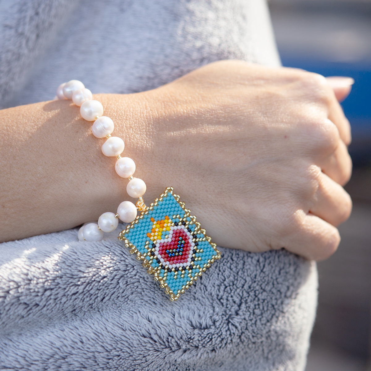 Wixárika Faux Pearl and Beaded Sagrado Corazon Bracelet