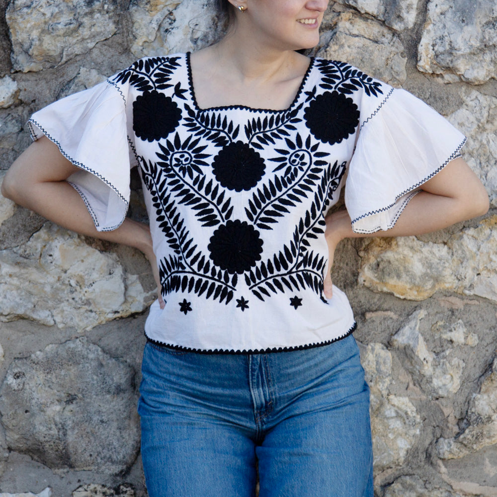 Carranza Flutter Sleeve Embroidered Cropped Blouse