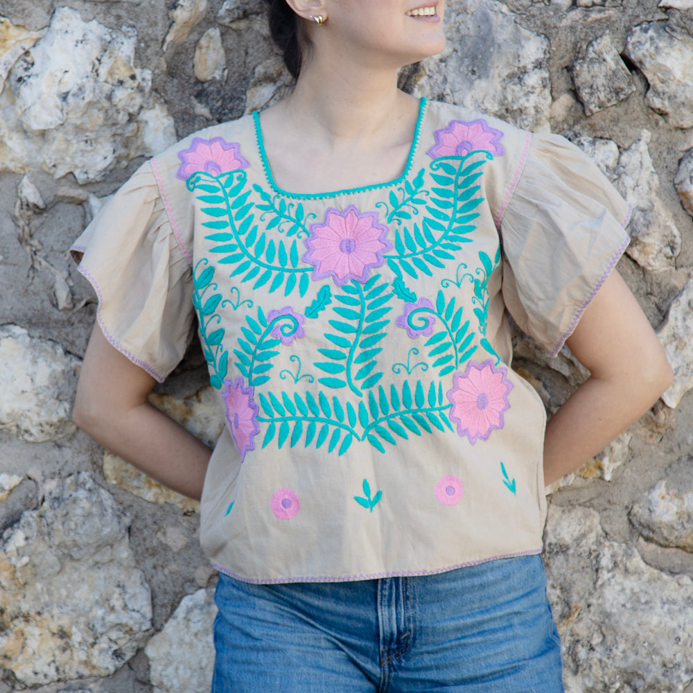 Carranza Flutter Sleeve Embroidered Cropped Blouse