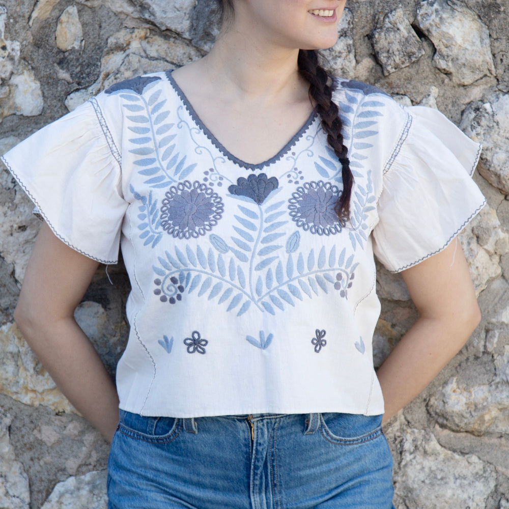 Carranza Flutter Sleeve Embroidered Cropped Blouse