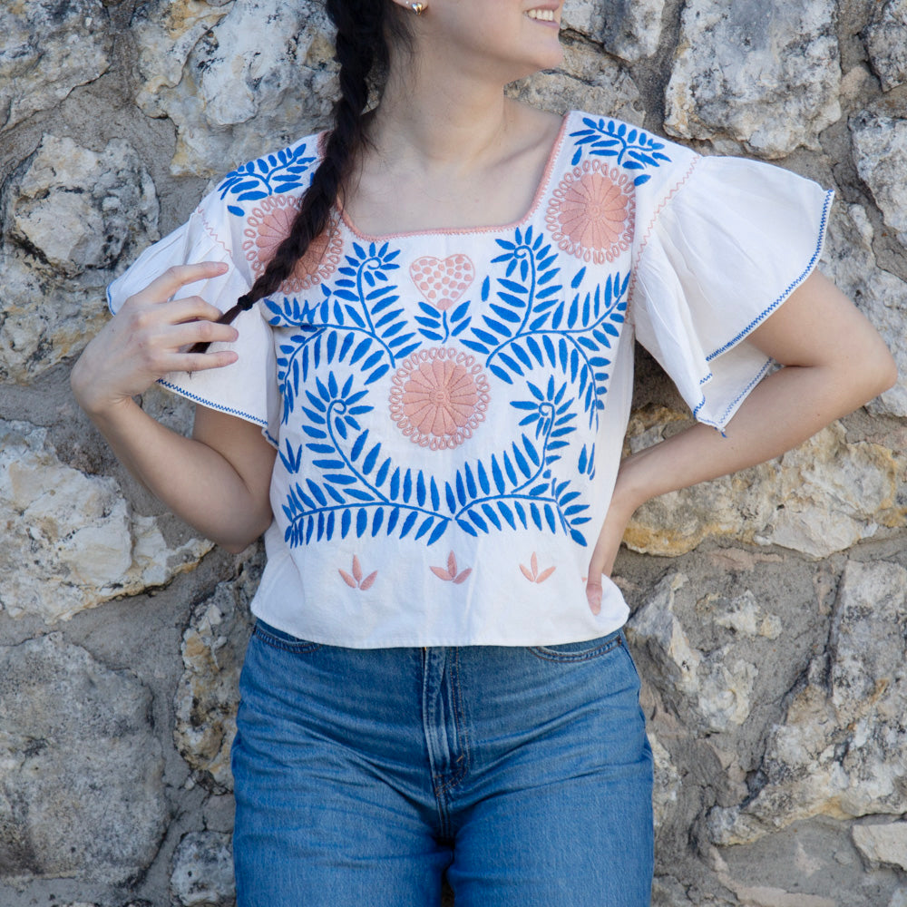 Carranza Flutter Sleeve Embroidered Cropped Blouse