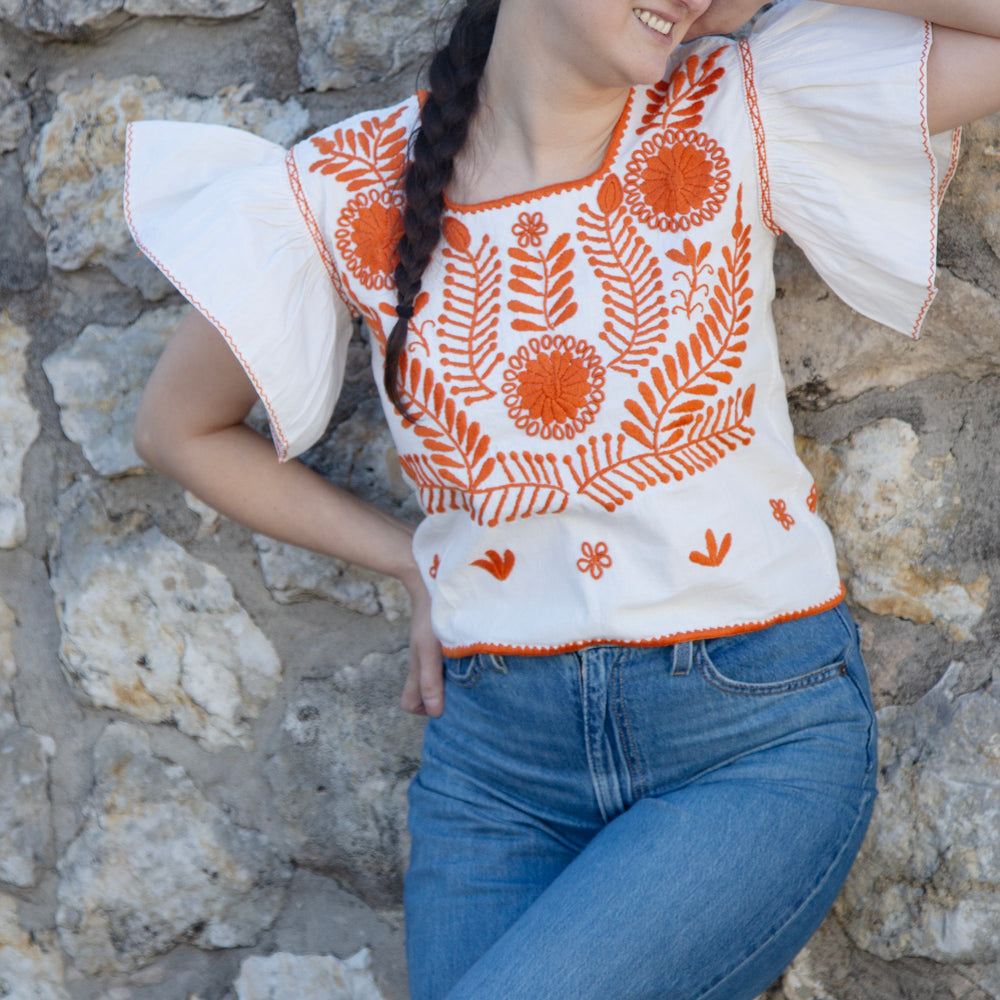 Carranza Flutter Sleeve Embroidered Cropped Blouse