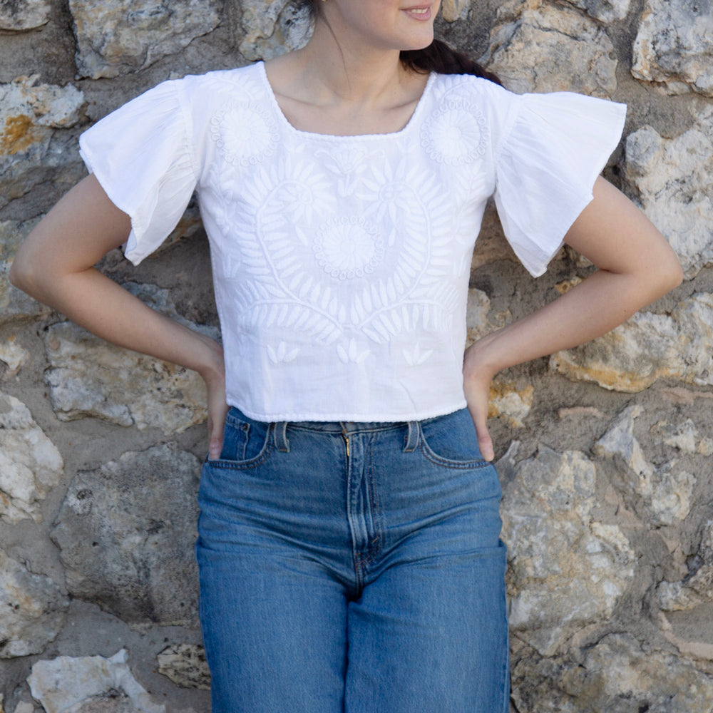 Carranza Flutter Sleeve Embroidered Cropped Blouse