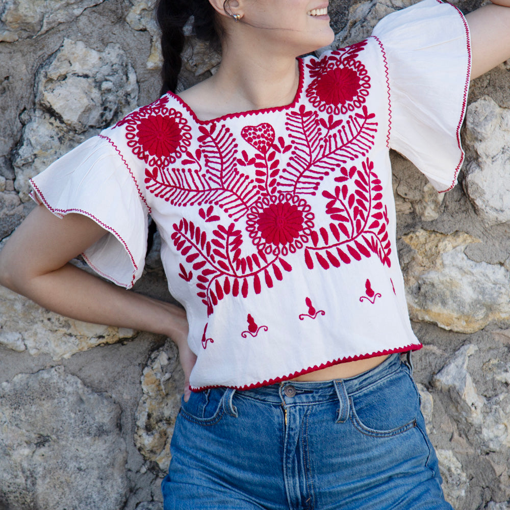 Carranza Flutter Sleeve Embroidered Cropped Blouse