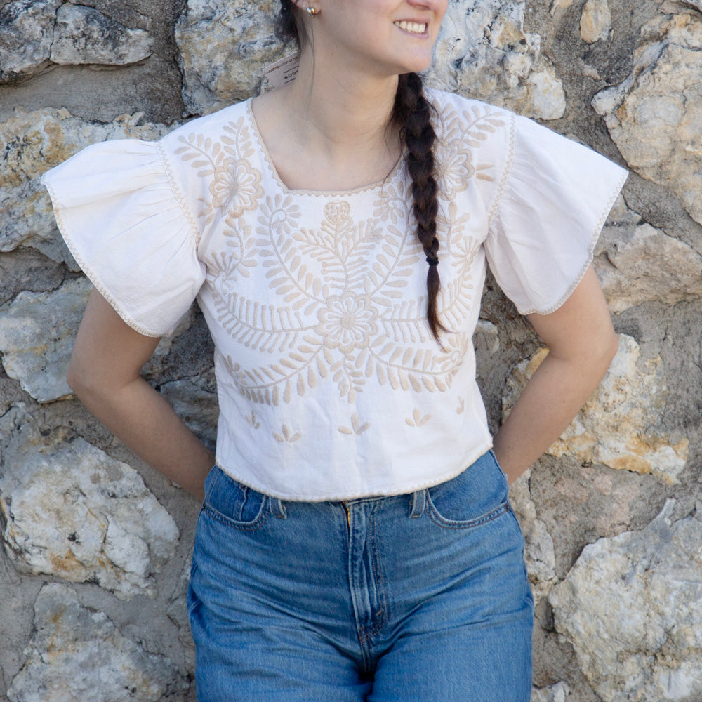 Carranza Flutter Sleeve Embroidered Cropped Blouse