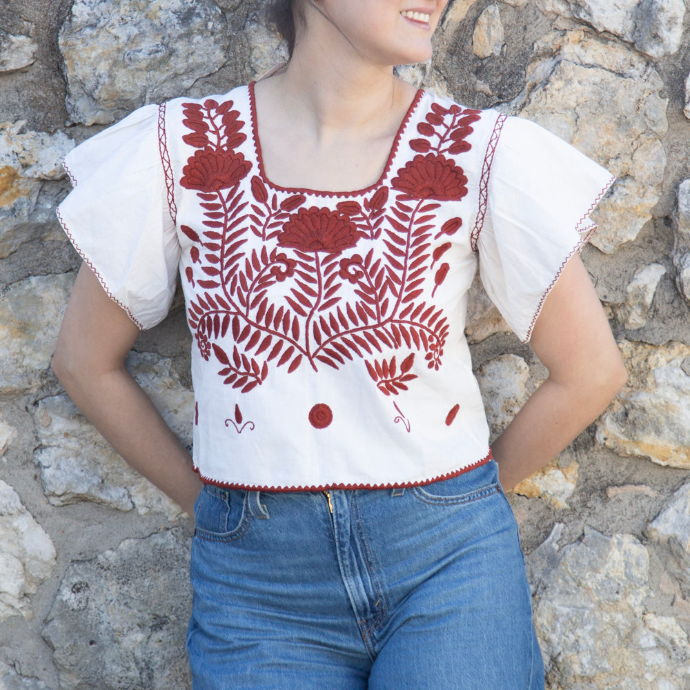 Carranza Flutter Sleeve Embroidered Cropped Blouse