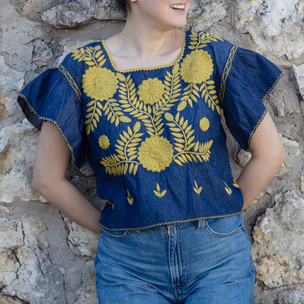 Carranza Flutter Sleeve Embroidered Cropped Blouse