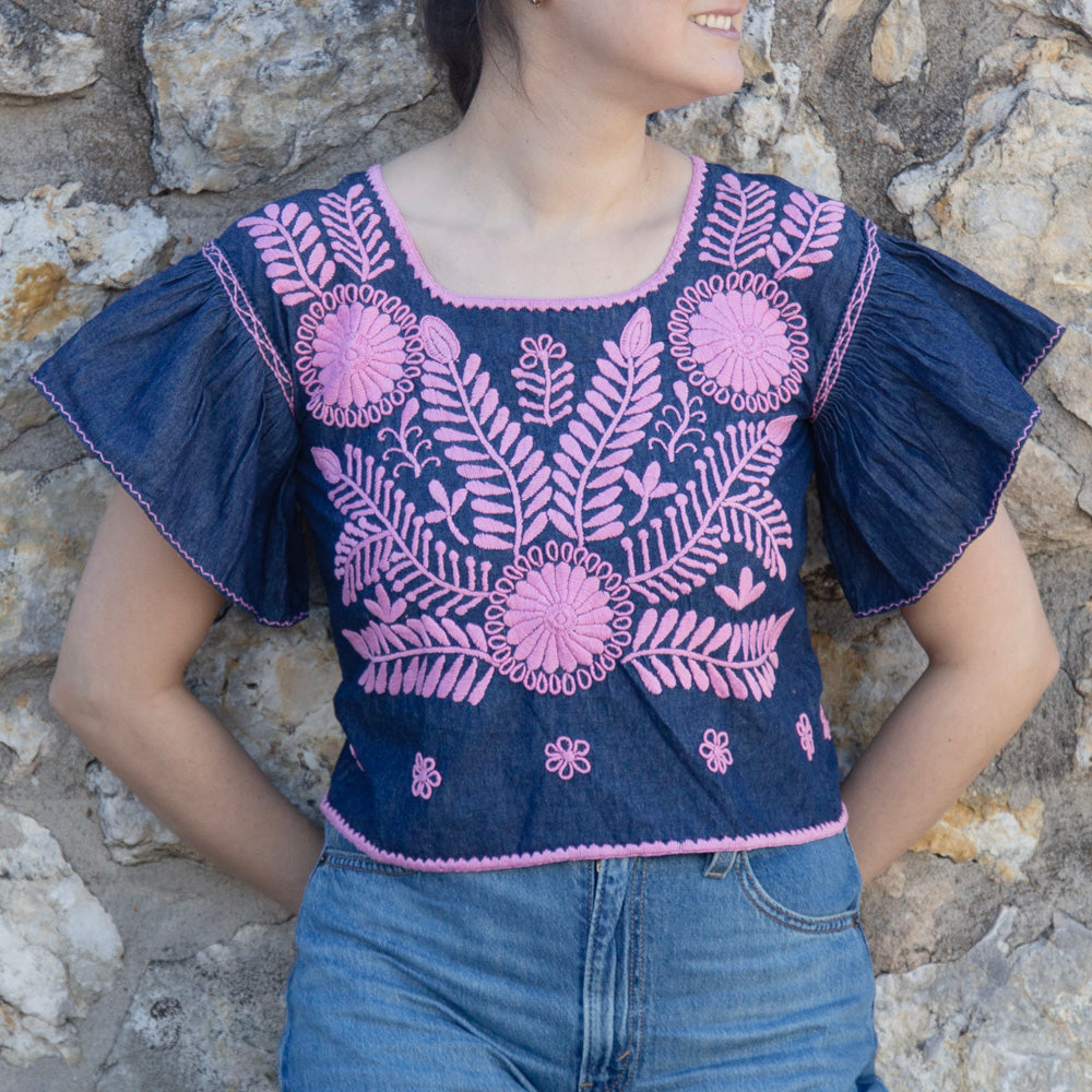 Carranza Flutter Sleeve Embroidered Cropped Blouse