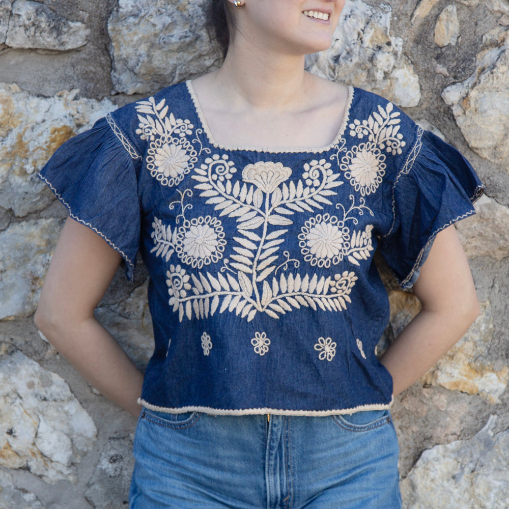 Carranza Flutter Sleeve Embroidered Cropped Blouse