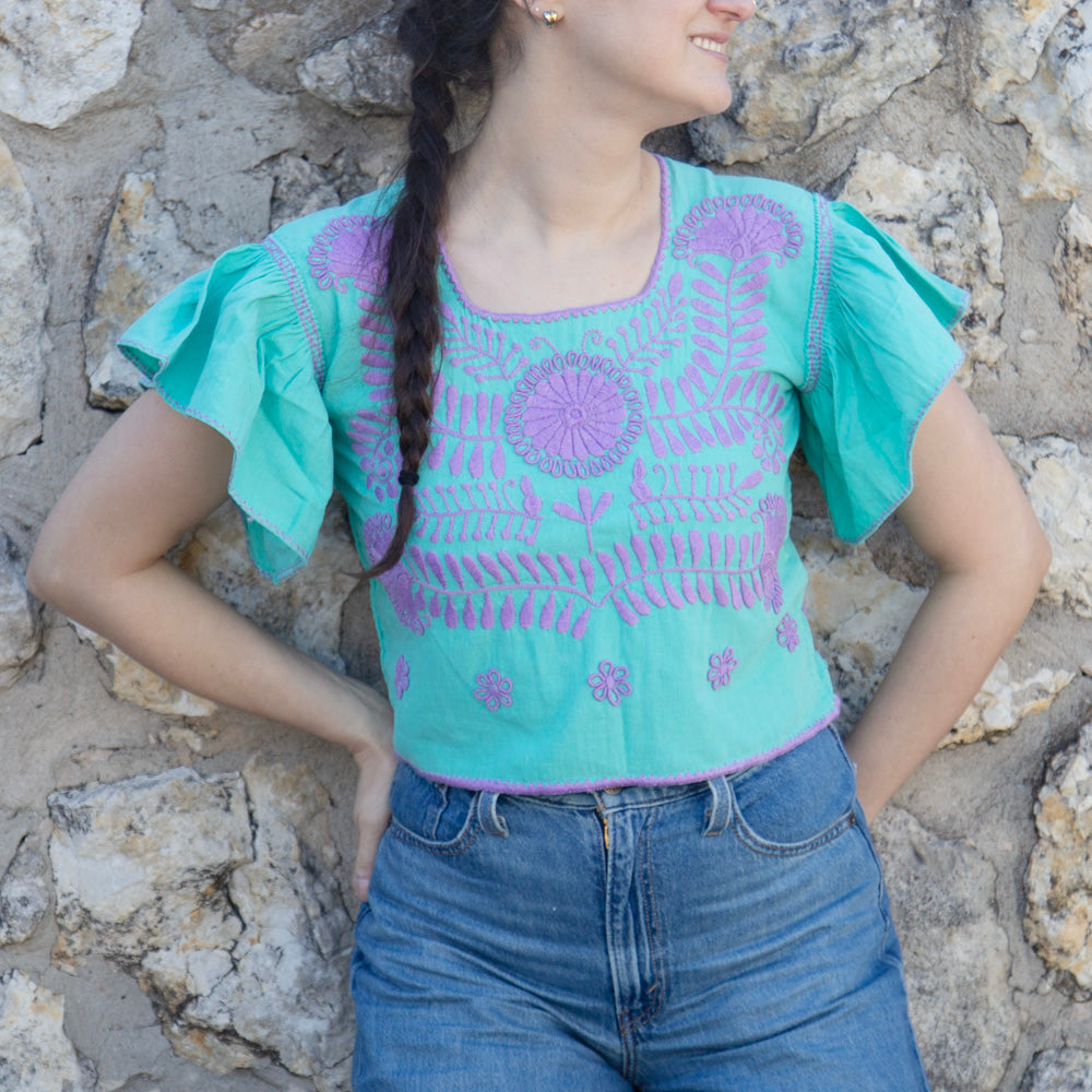 Carranza Flutter Sleeve Embroidered Cropped Blouse