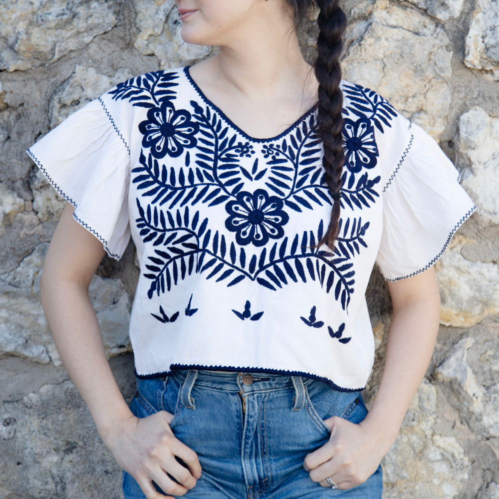 Carranza Flutter Sleeve Embroidered Cropped Blouse