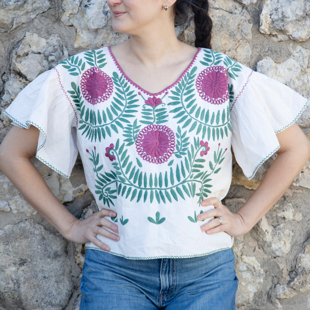 Carranza Flutter Sleeve Embroidered Cropped Blouse