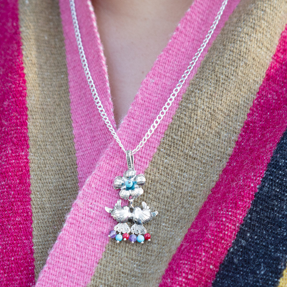 Sterling Silver Pajaritos con Flores Mazahua Earrings & Pendant Set