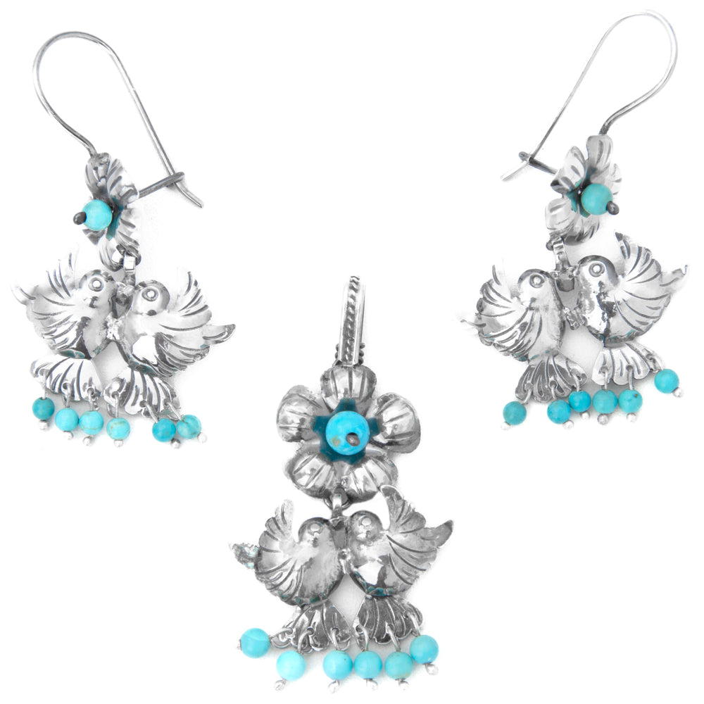Sterling Silver Pajaritos con Flores Mazahua Earrings & Pendant Set